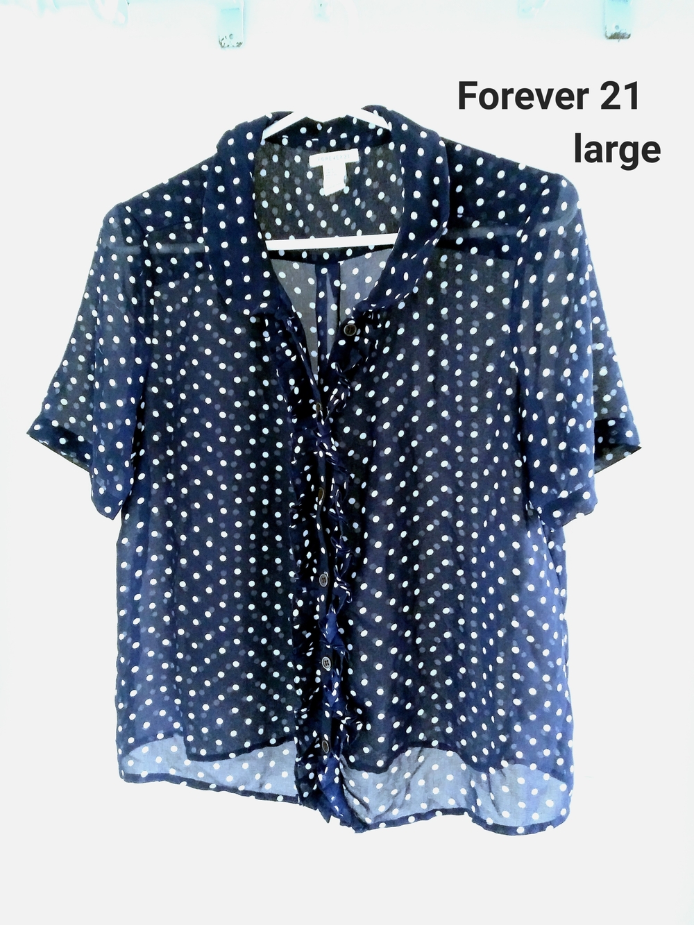 Forever 21 Navy and White Polka Dot Ruffle Button-Front Blouse
